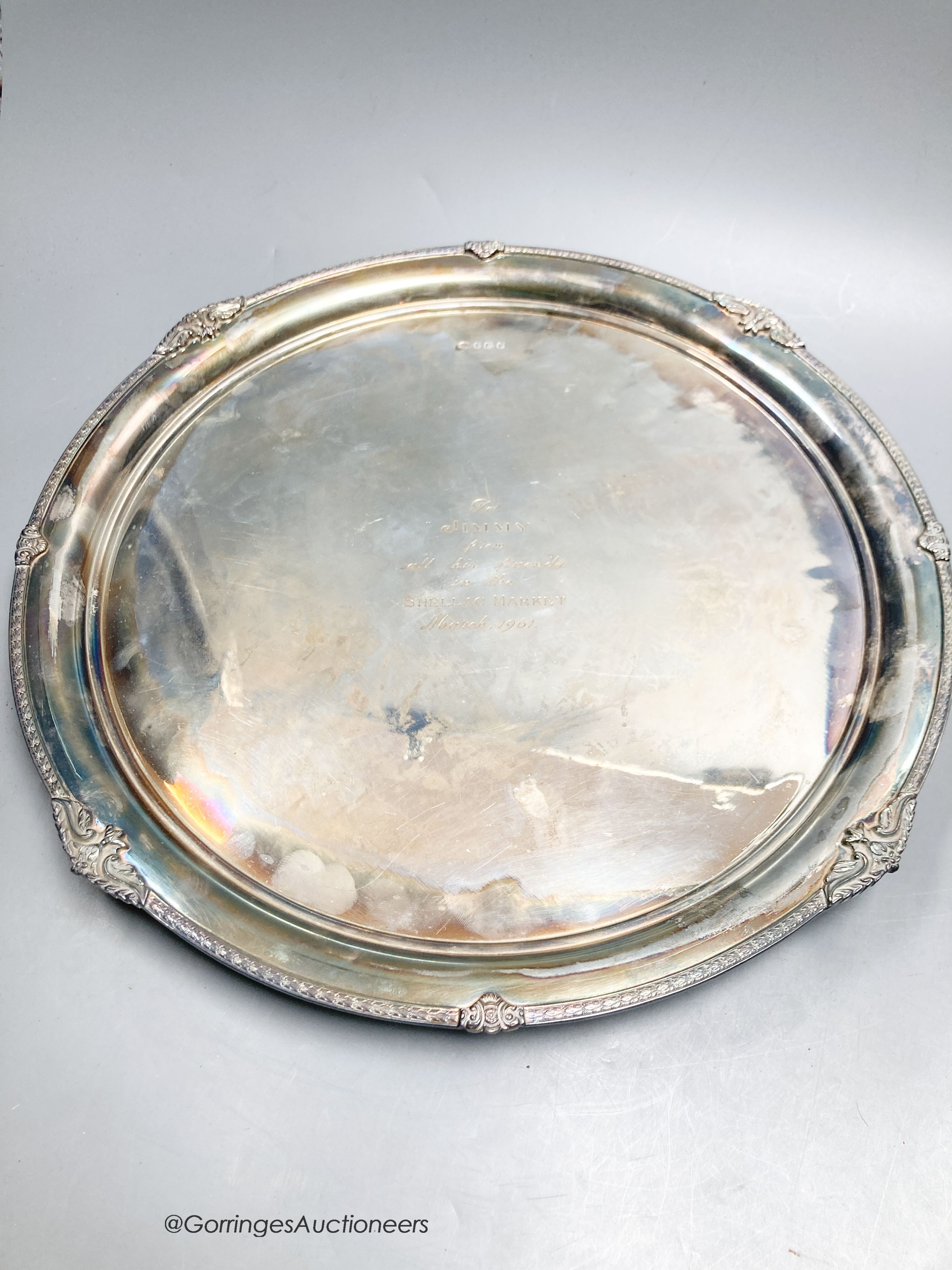 A 1960's silver circular salver with engraved inscription, Sheffield, 1960, 37cm, 38oz.